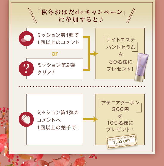 「秋冬おはだdeキャンペーン」に参加すると♪ ミッション第1弾で1回以上のコメント or ミッション第2弾クリア! ナイトエステ ハンドセラムを30名様にプレゼント!ミッション第1弾のコメントへ1回以上の拍手で!アテニアクーポン300円を100名様にプレゼント!