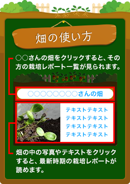 畑の使い方 ○○さんの畑をクリックすると、その方の栽培レポート一覧が見られます。畑の中の写真やテキストをクリックすると、最新時期の栽培レポートが読めます。