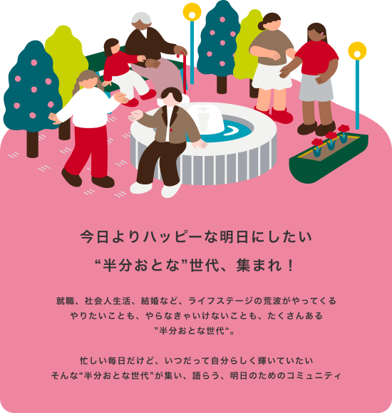 SOMPO Park コミュニティ 今日よりハッピーな明日にしたい “半分おとな”世代、集まれ！就職、社会人生活、結婚など、ライフステージの荒波がやってくる　やりたいことも、やらなききゃいけないことも、たくさんある“半分おとな世代”。忙しい毎日だけど、いつだって自分らしく輝いていたい　そんな “半分おとな世代” が集い、語らう、明日のためのコミュニティ