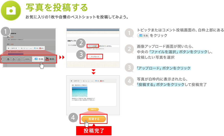 写真を投稿する　お気に入りの1枚や自慢のベストショットを投稿してみよう。